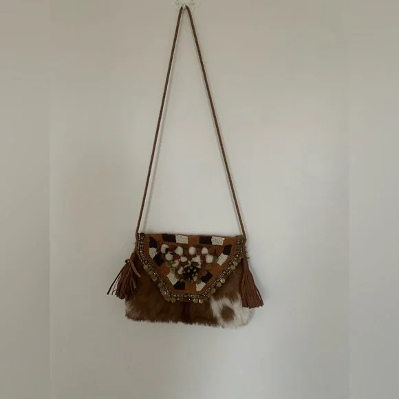 Anthropologie x ibBan - Vintage Calf Hair Leather Beaded Flap Crossbody … - Picture 3 of 7